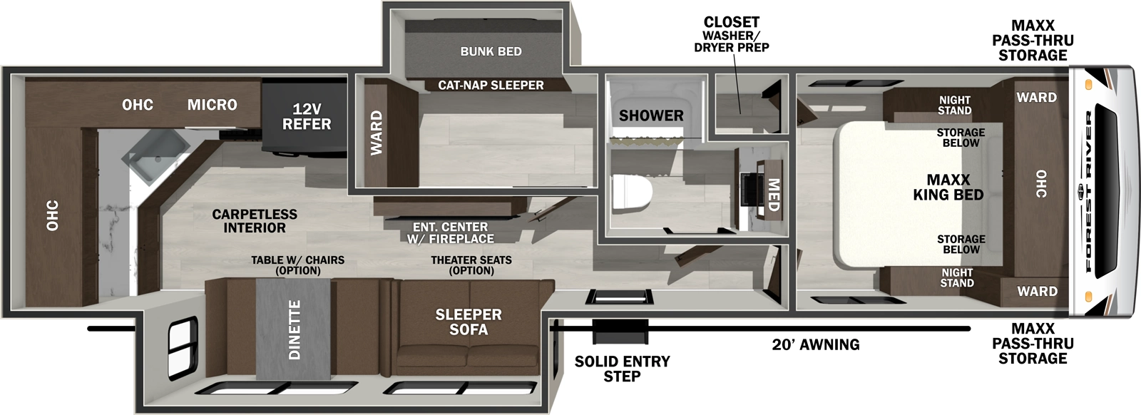The Wildcat Travel Trailers 305MBX floorplan has one entry and two slide outs. Exterior features include: fiberglass exterior and 20' awning. Interiors features include: bunk beds, rear kitchen and front bedroom.